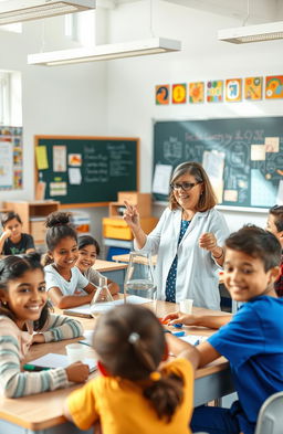 A vibrant classroom scene filled with diverse students engaged in learning