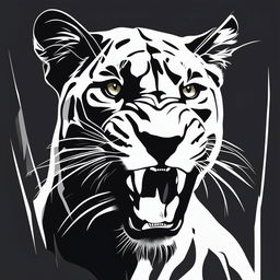 This is a highly minimalistic, black and white digital art image of a roaring black panther