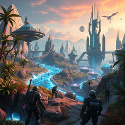 A vibrant science fiction outdoor gaming environment, filled with futuristic elements like floating islands, neon lights, and advanced technology