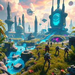 A vibrant science fiction outdoor gaming environment, filled with futuristic elements like floating islands, neon lights, and advanced technology