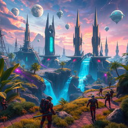 A vibrant science fiction outdoor gaming environment, filled with futuristic elements like floating islands, neon lights, and advanced technology