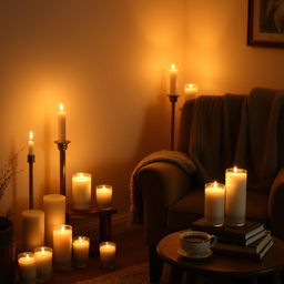 A cozy room softly illuminated by flickering candlelight