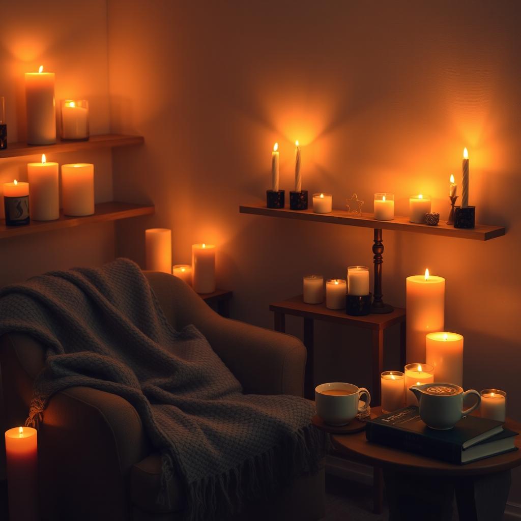 A cozy room softly illuminated by flickering candlelight