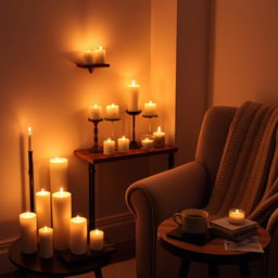 A cozy room softly illuminated by flickering candlelight