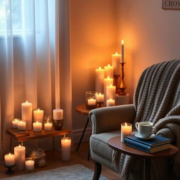 A cozy room softly illuminated by flickering candlelight