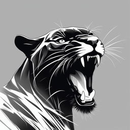 This is an extremely minimalistic, black and white image of a roaring black panther