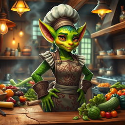 A majestic female green-skinned Kobold cook standing proudly in a bustling kitchen, with an array of colorful, fresh ingredients spread out on wooden countertops