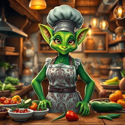 A majestic female green-skinned Kobold cook standing proudly in a bustling kitchen, with an array of colorful, fresh ingredients spread out on wooden countertops