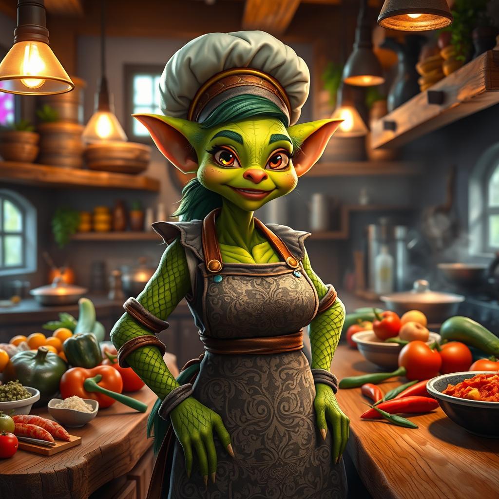 A majestic female green-skinned Kobold cook standing proudly in a bustling kitchen, with an array of colorful, fresh ingredients spread out on wooden countertops