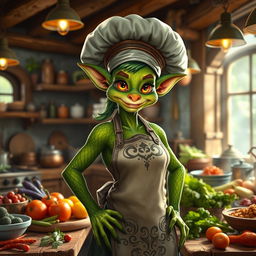 A majestic female green-skinned Kobold cook standing proudly in a bustling kitchen, with an array of colorful, fresh ingredients spread out on wooden countertops