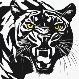 This is an extreme minimalist, black and white image of a roaring black panther