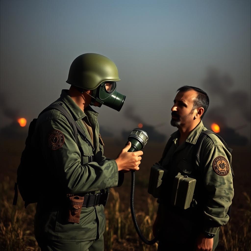 An Iranian soldier during the Iran-Iraq war, depicted in a dramatic field setting, is handing a gas mask to his friend who appears distressed and doesn't have a mask