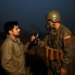 An Iranian soldier during the Iran-Iraq war, depicted in a dramatic field setting, is handing a gas mask to his friend who appears distressed and doesn't have a mask