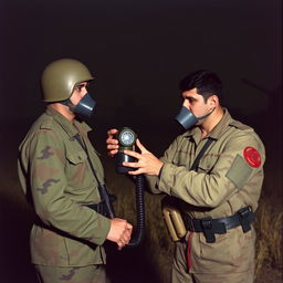An Iranian soldier during the Iran-Iraq war, depicted in a dramatic field setting, is handing a gas mask to his friend who appears distressed and doesn't have a mask
