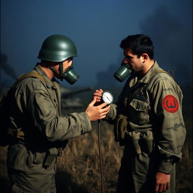 An Iranian soldier during the Iran-Iraq war, depicted in a dramatic field setting, is handing a gas mask to his friend who appears distressed and doesn't have a mask