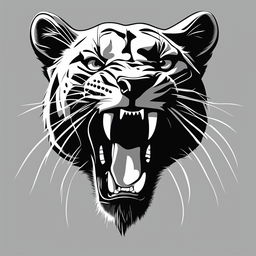 This is an extreme minimalist, black and white image of a roaring black panther