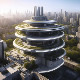 aerial view of futuristic SWAT high-rise headquarters with helipad for in city center in broad daylight based on https://files.dreamhome.software/files/static/36651