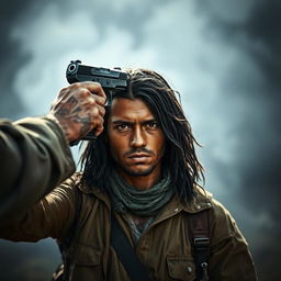 A brave and fearless person with a determined expression, standing confidently while a gun is held to their forehead