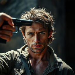A brave and fearless person with a determined expression, standing confidently while a gun is held to their forehead