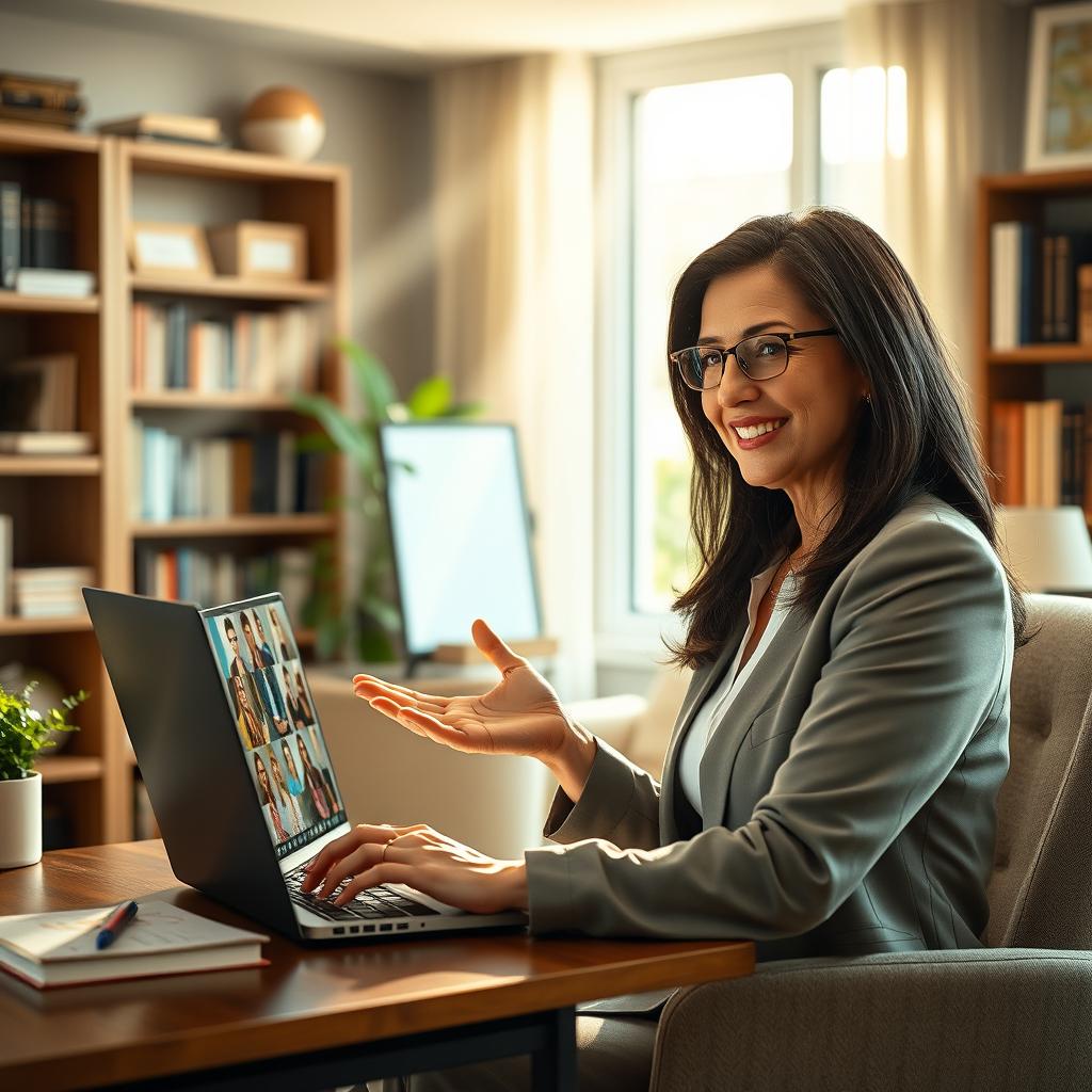 A hyper-realistic image of a teacher conducting an online class