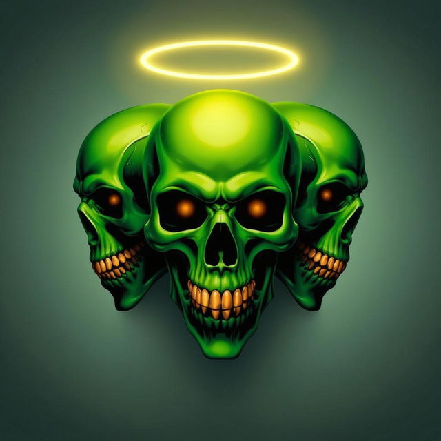 A striking design featuring three green skulls with glowing orange eyes and shiny, sharp teeth