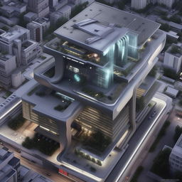 aerial view of futuristic SWAT high-rise headquarters with helipad for in city center in broad daylight based on https://files.dreamhome.software/files/static/36651