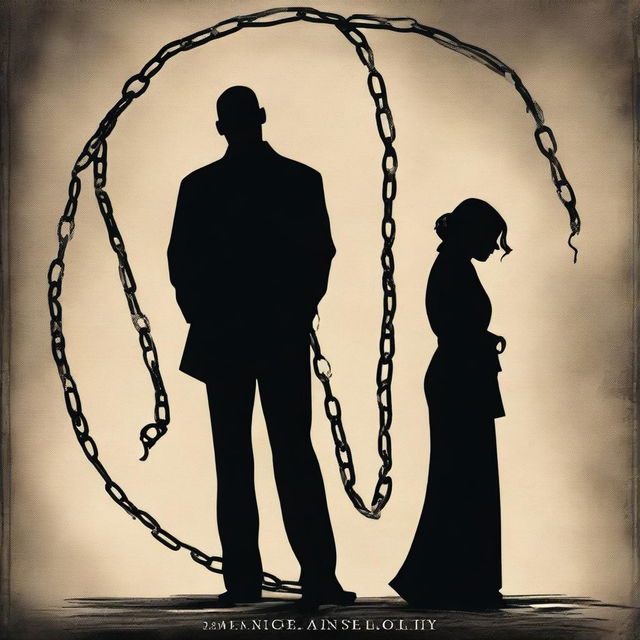 A high-quality, digitally rendered book cover featuring a man standing tall with a woman kneeling before him, a chain encircling her neck