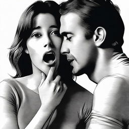 An intense, high-resolution digital art image featuring a man with a woman on her knees before him, his hand firmly around her throat