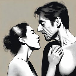 An intense, high-resolution digital art image featuring a man with a woman on her knees before him, his hand firmly around her throat