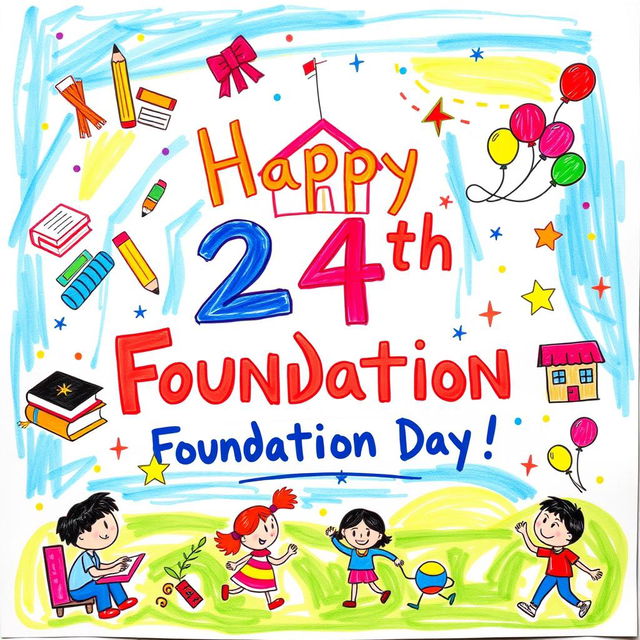 A vibrant and colorful poster celebrating the 24th School Foundation Day, designed by a child