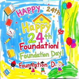 A vibrant and colorful poster celebrating the 24th School Foundation Day, designed by a child