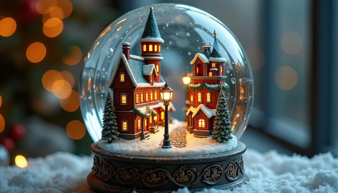 A beautifully crafted Christmas snow globe featuring a Victorian cityscape inside