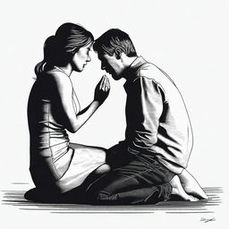 A high-quality digital art image depicts a man with a woman on her knees, his hand firmly around her throat