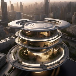 aerial view of futuristic SWAT high-rise headquarters with helipad for in city center in broad daylight based on https://files.dreamhome.software/files/static/36651