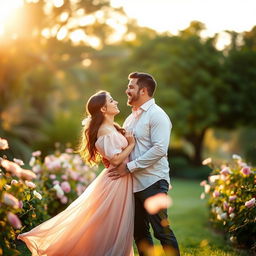 A romantic engagement photo capturing a couple in a lush, vibrant park during golden hour