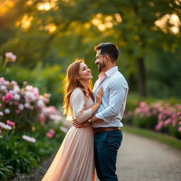A romantic engagement photo capturing a couple in a lush, vibrant park during golden hour