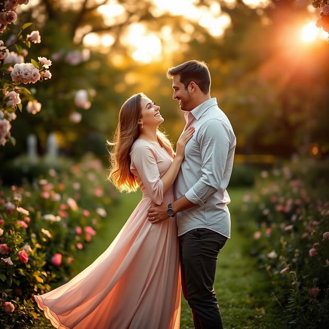 A romantic engagement photo capturing a couple in a lush, vibrant park during golden hour