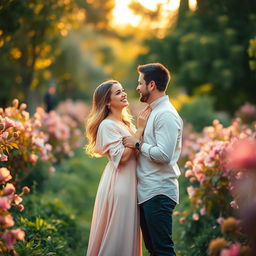 A romantic engagement photo capturing a couple in a lush, vibrant park during golden hour