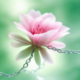 A high-resolution, digitally rendered image featuring a translucent pink flower, with metallic chains delicately wrapped around it