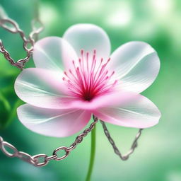 A high-resolution, digitally rendered image featuring a translucent pink flower, with metallic chains delicately wrapped around it