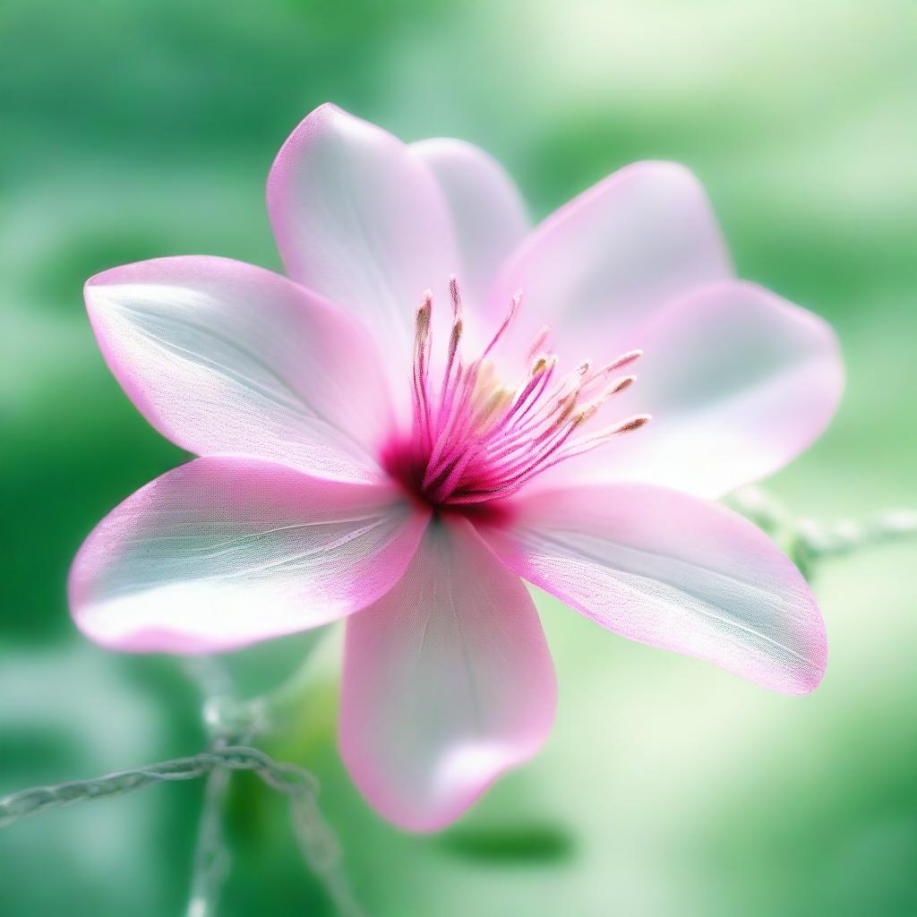 A high-resolution, digitally rendered image featuring a translucent pink flower, with metallic chains delicately wrapped around it