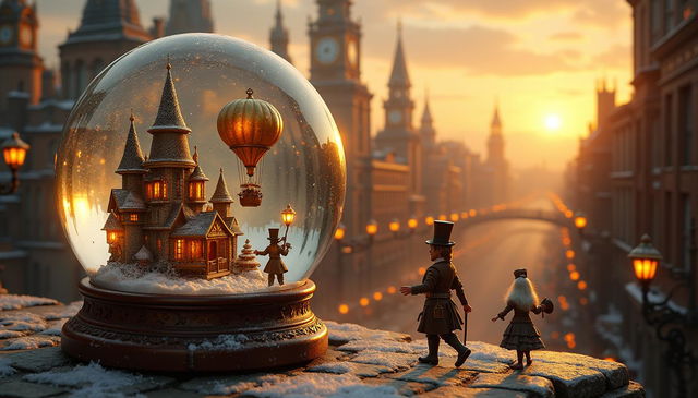 A Christmas snow globe featuring a vibrant Victorian steampunk cityscape at sunset