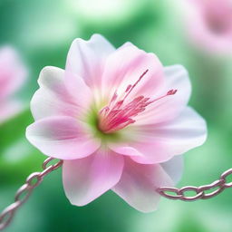 A high-resolution, digitally rendered image featuring a translucent pink flower, with metallic chains delicately wrapped around it