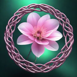 A high-resolution digital art image showcasing a transparent pink flower encircled by metallic chains