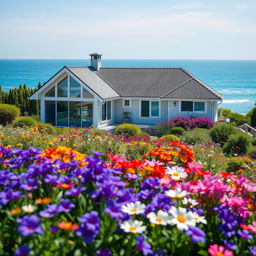 A beautiful house with a stunning design, surrounded by a lush garden filled with colorful flowers in full bloom