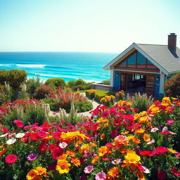 A beautiful house with a stunning design, surrounded by a lush garden filled with colorful flowers in full bloom