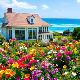 A beautiful house with a stunning design, surrounded by a lush garden filled with colorful flowers in full bloom