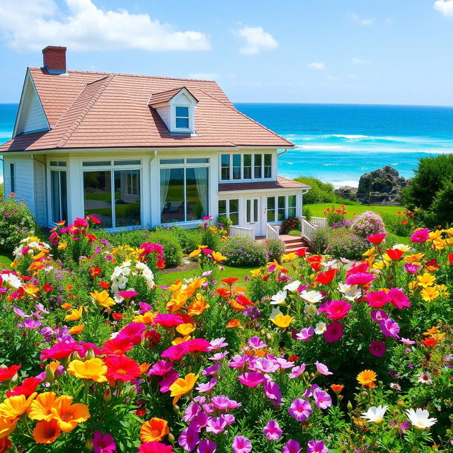 A beautiful house with a stunning design, surrounded by a lush garden filled with colorful flowers in full bloom