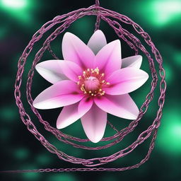 A high-resolution digital art image showcasing a transparent pink flower encircled by metallic chains