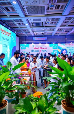 A vibrant, futuristic healthcare conference setting showcasing the integration of ethnobotany and artificial intelligence